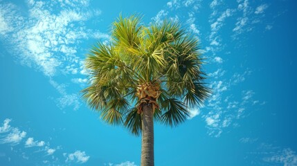A palm tree is standing tall in a blue sky