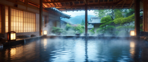 湯けむりが幻想的な露天風呂と日本の旅館 - 和の癒やし、温泉旅行、リラックス、ウェルネス、観光の風景