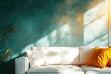 Sunlight streams through a window onto a white couch with pillows against a teal wall, creating a serene and calm atmosphere.