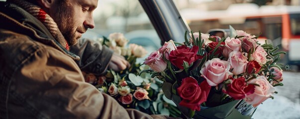 Delivery driver is skillfully arranging red and pink rose bouquets in his vehicle