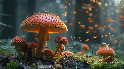Red mushrooms in forest, natural and whimsical composition, vibrant woodland fungi, magical outdoor scenery, detailed close-up, nature photography, autumn-inspired and colorful

