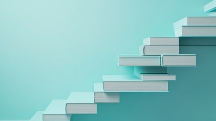 many small books bulding stairway, pastel blue background