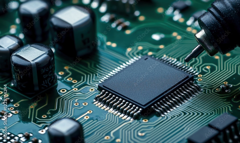 Aufkleber detailing the craft of soldering a computer chip onto a circuit board with precision and expertise