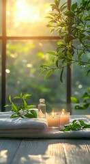 Aromatic candles and massage oil on white towel near window with green plant leaves, golden sunlight creating peaceful spa atmosphere at sunset.