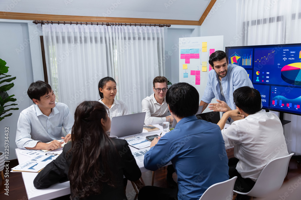Poster analyst team utilizing bi fintech to analyze financial data at table in meeting room. businesspeople