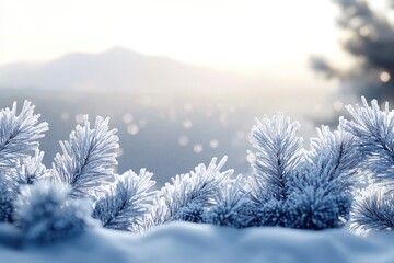 Frost-covered pine branches in a snowy winter landscape, bathed in soft sunlight.