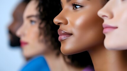 Fototapeta premium Diverse women with different skin tones and features in profile view showcase natural beauty and inclusivity against blue background, beauty and cosmetics concept.
