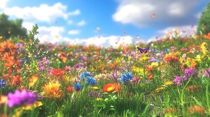 Fototapeta premium A vibrant meadow full of colorful wildflowers, with butterflies fluttering around and a bright blue sky