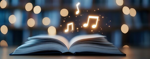 Open book with glowing musical notes floating above pages against blurred bokeh lights background, creating magical atmosphere for music education and storytelling.