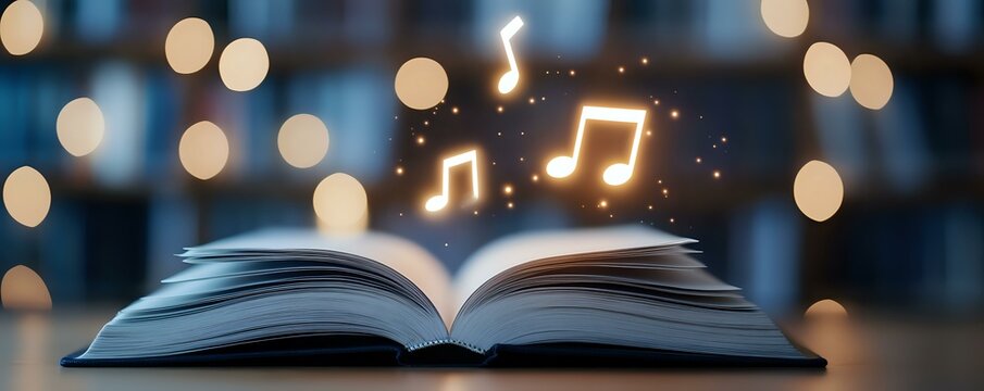 Open book with glowing musical notes floating above pages against blurred bokeh lights background, creating magical atmosphere for music education and storytelling.