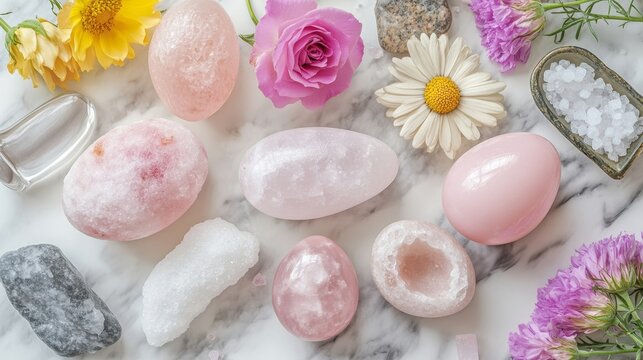 Set of Rose quartz crystals tools yoni eggs gua sha stone flower candle sea salt wild rose flowers on marble background Healing Crystals For Body Care Relationship Self care meditation ritual
