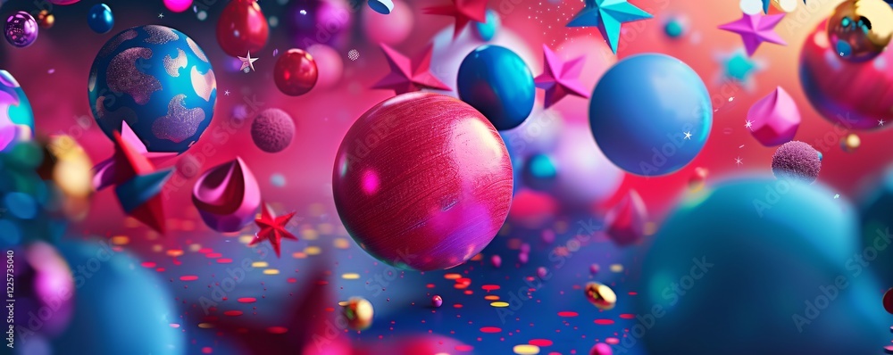 Poster 3d rendering of a festive composition with colorful spheres and stars floating in an abstract background