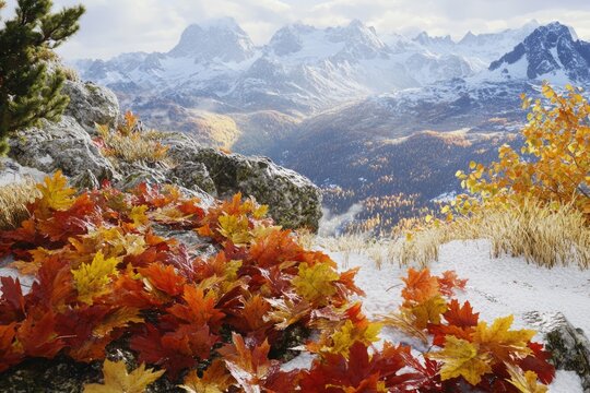 Autumn leaves on snowy rocks overlooking a majestic snow-capped mountain range.