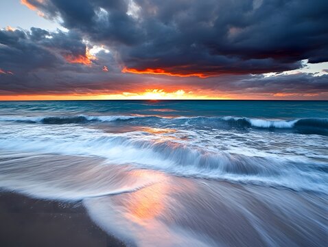 Dramatic Ocean Sunset Waves Crashing on Sandy Beach - Powered by Adobe