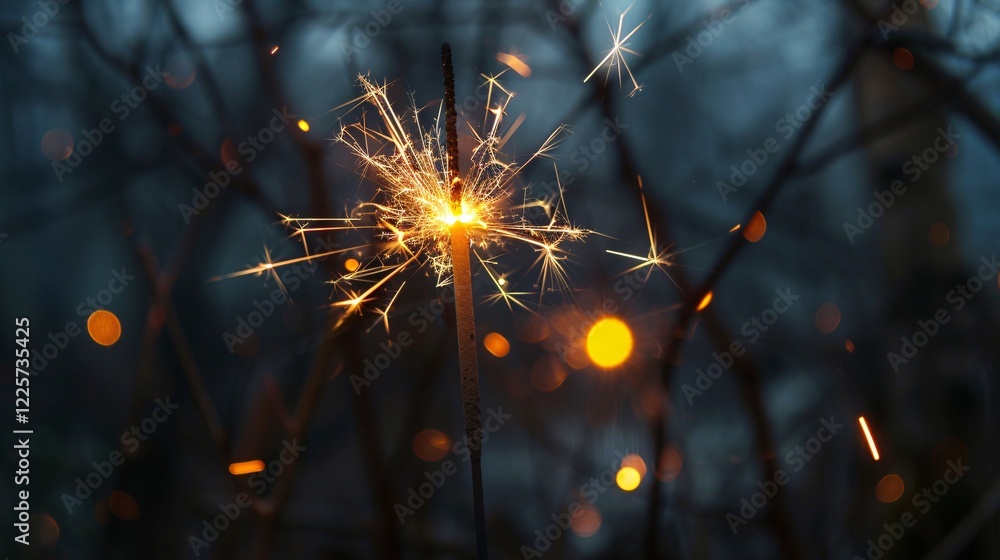 Aufkleber sparkler glows in the twilight with blurred lights in the background