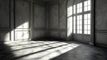 Sunbeams Casting Shadows on a Tile Floor in a Room with a Large Window