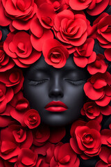 A bold portrayal of a figure with midnight-black skin, eyes gently shut, her head metamorphosing into intense crimson roses with velvety petals,