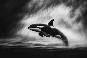 Poster A majestic orca leaps from the ocean, creating a dramatic splash and misty spray.