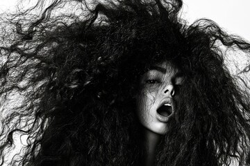 Pretty very stunned black girl - for ads, flyer and internet marketing use. Long haircut - curly hair. Commercial ad campaign layout. Afro-american portraits. Glamorous black fashion.