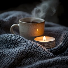 Cozy Autumn Scene: Warm Tea Mug and Candle on Knit Blanket