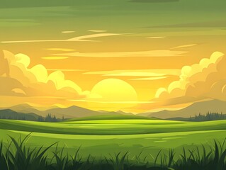 Stunning Sunset Landscape: Golden Sky Over Rolling Green Hills