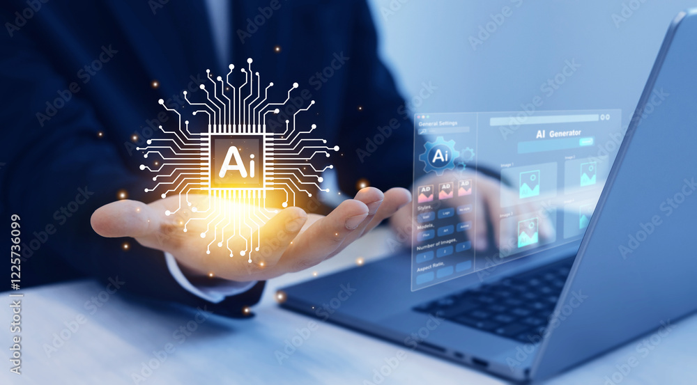 Poster Person using laptop with Ai Content Generator. Interaction with the Ai assistant to solve some tasks more easily. Image generator, documents, marketing and advertising, bot writing and coding.	