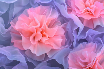 A moody close-up of crumpled pink carnations wrapped in violet fire, their charred edges illuminated in ghostly detail,