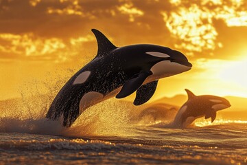 Fototapeta premium Orcas leap and play in the golden sunset, creating a breathtaking spectacle of nature's beauty.
