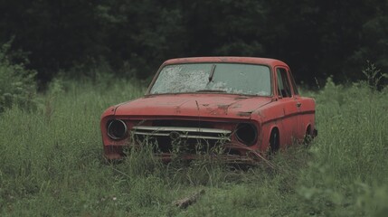 Rusty red vintage car abandoned in overgrown field.