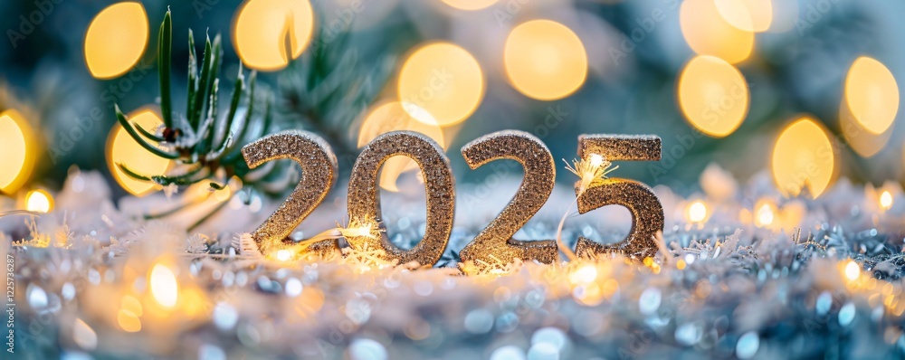 Poster silver glitter numbers 2025 on a sparkly background with christmas lights are announcing the new yea