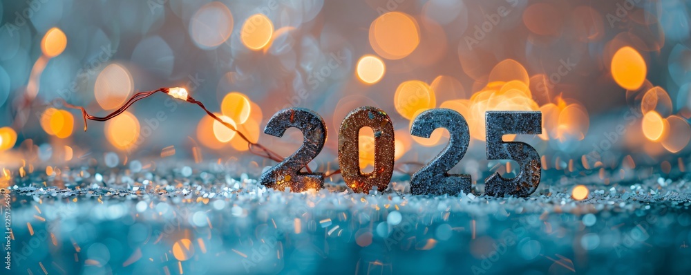 Aufkleber 2025 new year's eve numbers on a reflective surface with blurred lights in the background