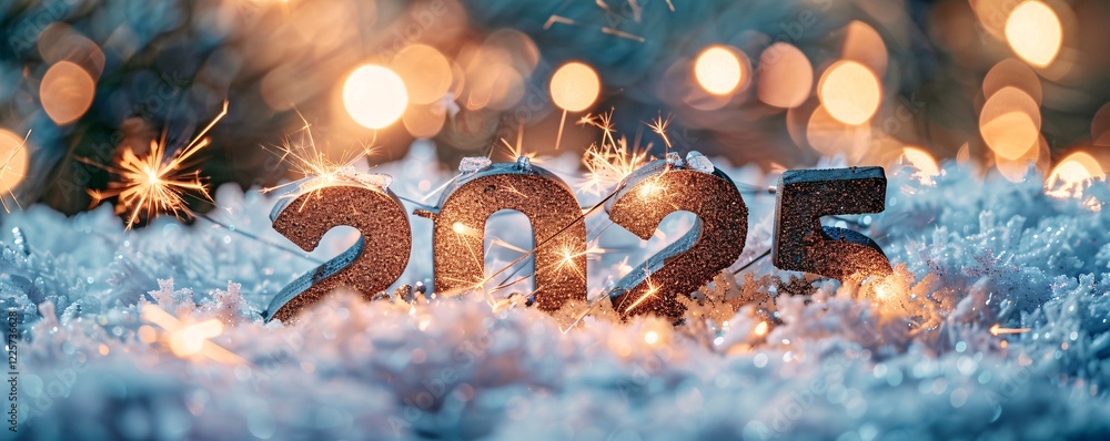 Poster ring in the new year with glittering 2025 numbers in snow and lights