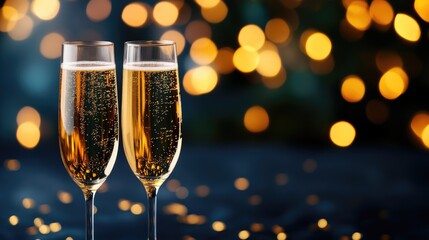 Sparkling wine flutes, celebration, bokeh background, festive