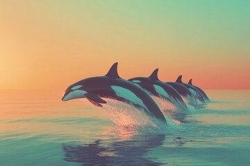 Orcas leaping gracefully at sunset, creating a breathtaking aquatic ballet.