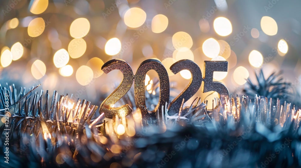 Poster Silver 2025 new year sign resting on silver tinsel with sparkling bokeh lights in the background
