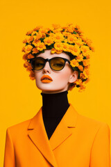 An avant-garde portrait where the bold flowers of the suit flow upward, morphing into real yellow blooms that form a natural, eye-catching headpiece,