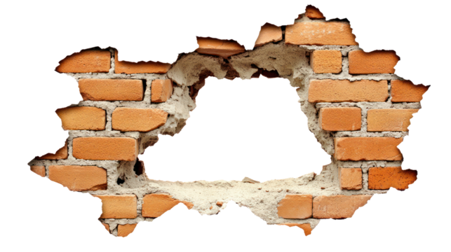 Brick structure shows a significant hole revealing the area behind it, isolated on a transparent background. PNG