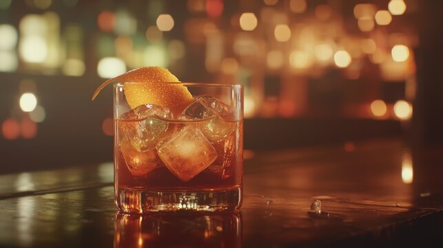 Old Fashioned Cocktail on a Bar, symbolizing sophisticated relaxation. Ideal for bar menus and cocktail websites.