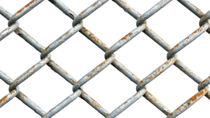 Close up view of a rusty chain link fence revealing metal textures, isolated on a transparent background. PNG