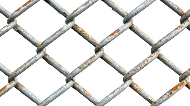 Close up view of a rusty chain link fence revealing metal textures, isolated on a transparent background. PNG - Powered by Adobe