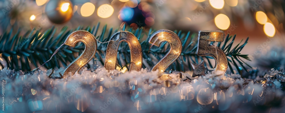 Poster 2025 new year sign illuminated on snow with twinkling christmas tree lights in the distance