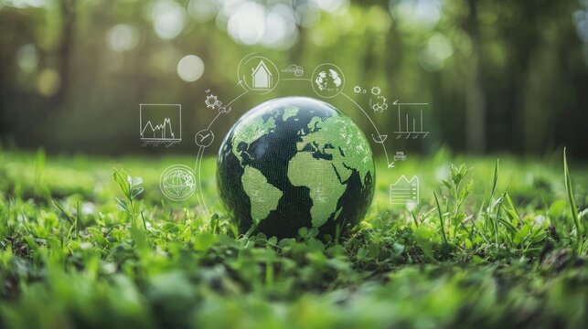Globe with carbon footprint icons and charts on a digital screen, representing environmental impact and product life cycle assessments.