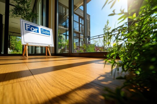 A bright interior scene featuring a "For Sale" sign, with sunlight streaming in and plants adding a touch of greenery to the modern space.