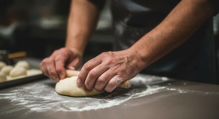 Male adult preparing dough with rolling pin in kitchen
