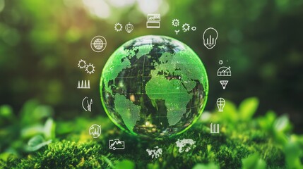 Globe with carbon footprint icons and charts on a digital screen, representing environmental impact and product life cycle assessments.