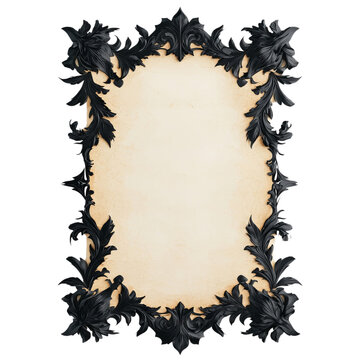 Png of Vintage parchment with ornate black baroque frame for artistic decoration or invitations on transparent background.