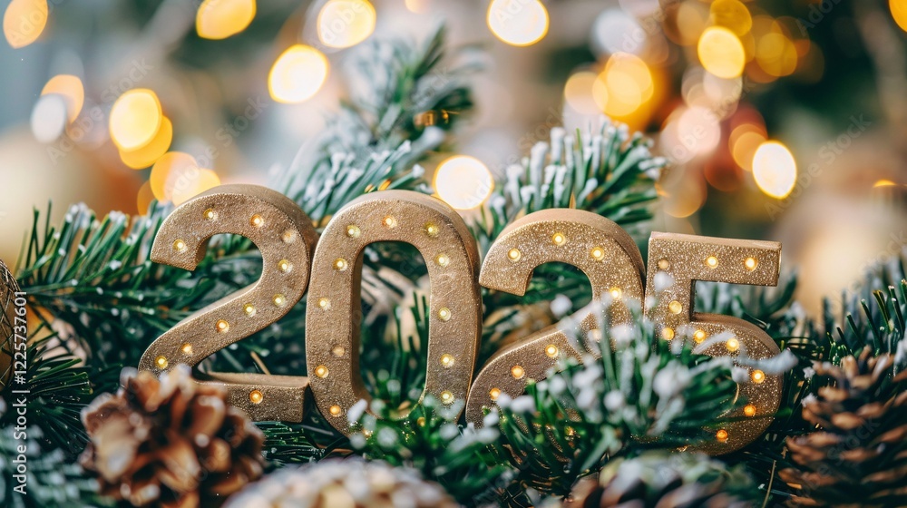 Poster golden 2025 new year's sign sitting in a snowy evergreen wreath with sparkling bokeh lights in the b