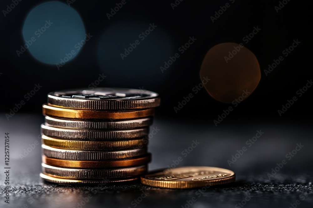 Poster a close-up image of a stack of coins with a dark background, showcasing their shiny surfaces and int