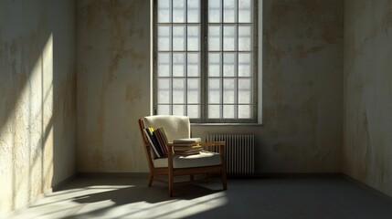 Chair with books on it in front of a window inside an empty sunlit room with harsh shadows 3d render