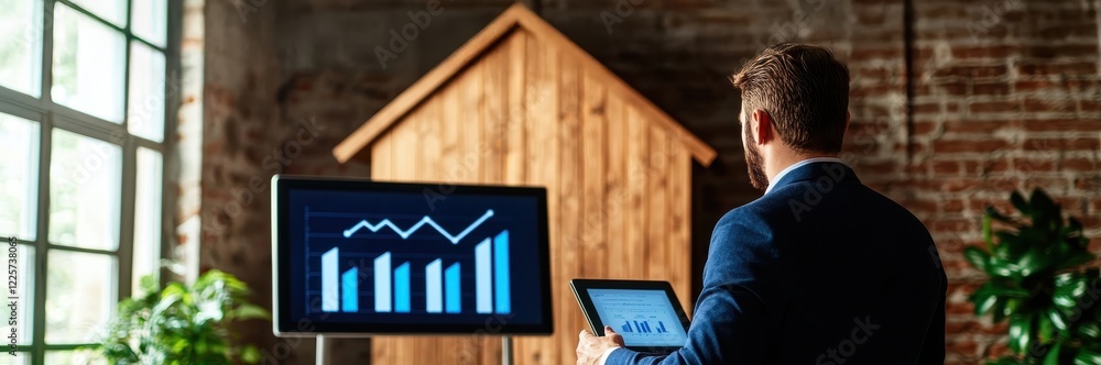 Poster a professional reviewing financial graphs on a screen while holding a tablet, set against a rustic b